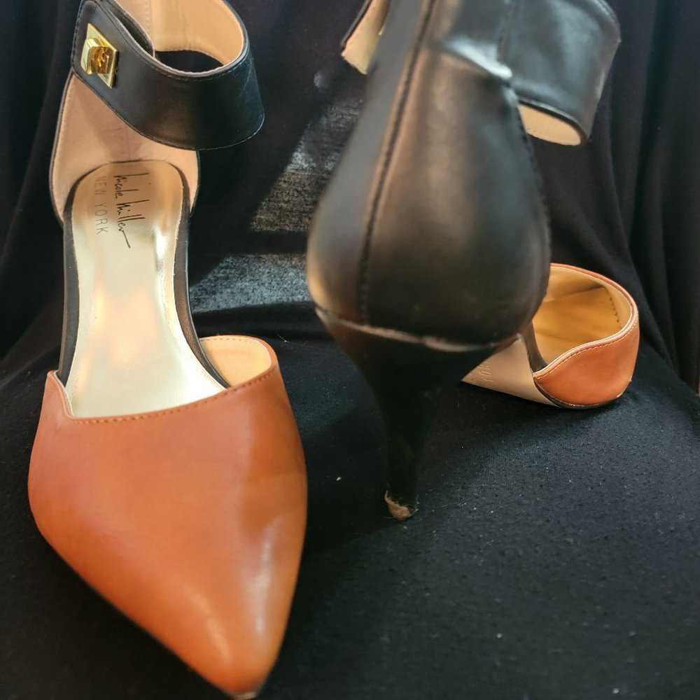 Nicole Miller Cognac Toe Black Heel Ankle Strap Heels 3.5 inch - Gently Used